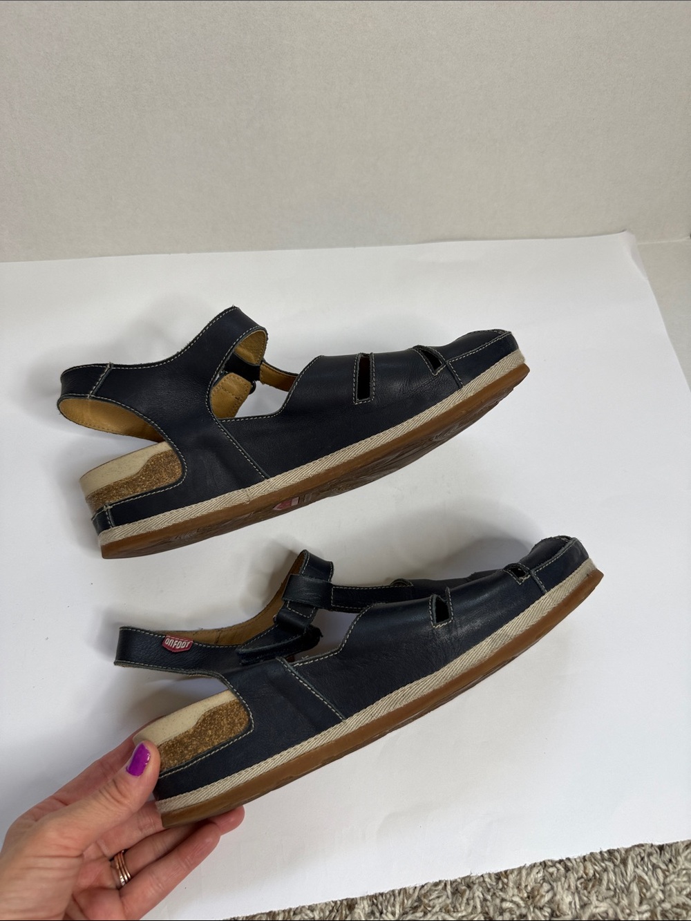 Onfoot Fisherman T Strap Sandals Leather Navy Blue size 9.5 - Picture 9 of 16